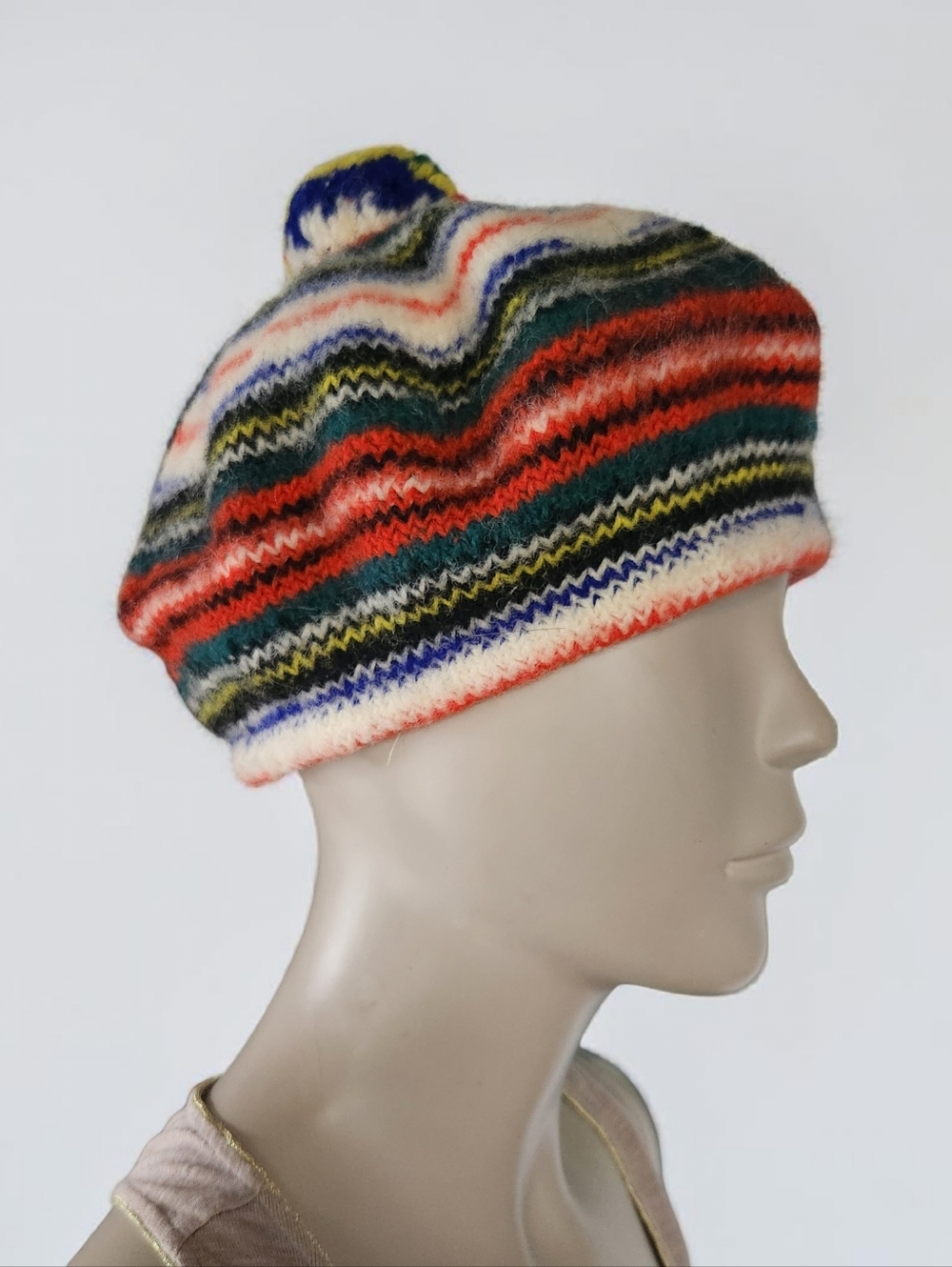 Vintage L.L. Bean Scottish Wool Tam Beret Hat Deess Stewart Pom Pom Multi Color